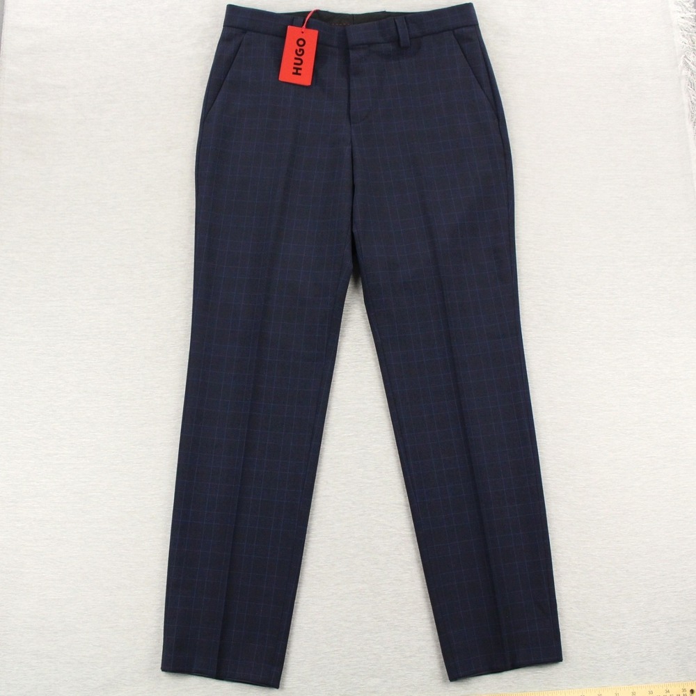 Hugo Boss Tom 224X Wool Blend Stretch Dress Pants Mens 32R (32x32) Dk Blue Plaid
